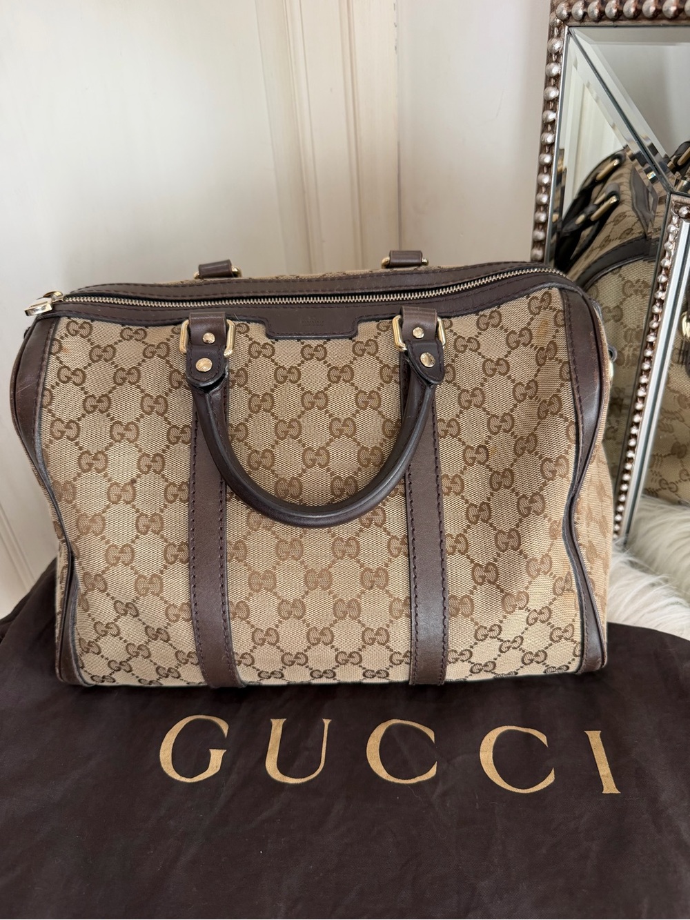 Gucci Beige GG Canvas Satchel with Dark Brown Leather Trim